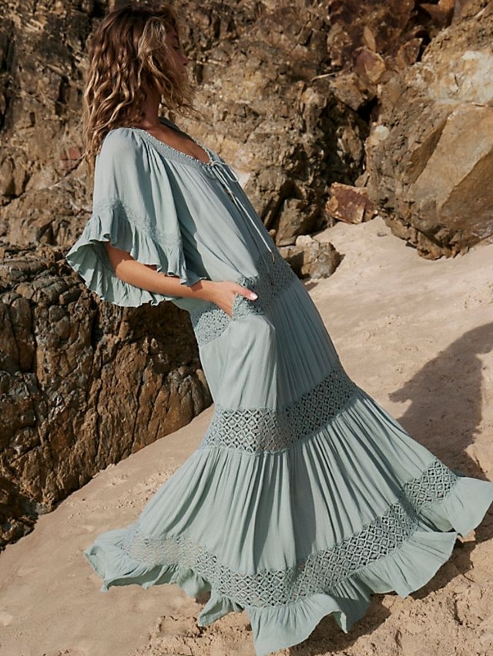 Free People Size Large Dream On Boho Beach Maxi Dress Summer